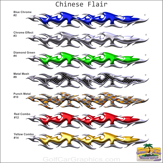 Chinese flare golf cart decal color chart
