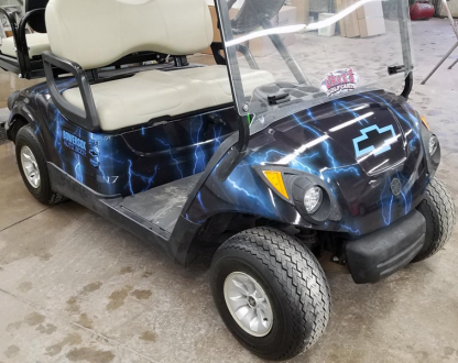 full body golf cart wrap in Lightning Blue. Golf car color change wrap