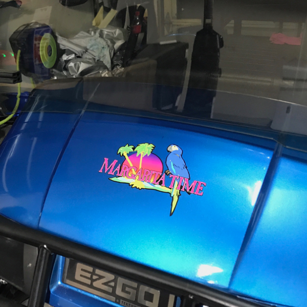 Blue-Bright-Metallic gloss solid color golf car wrap. Margarita Time decal sold separately.