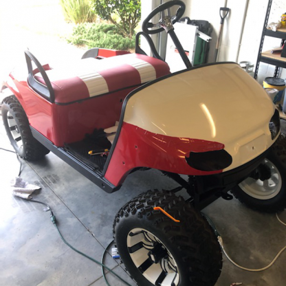 Gloss Red golf car wrap progress photo