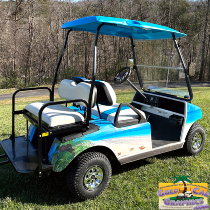 Tropical-Beach-with-sand-and-shells--full-body-golf-cart-wrap-for-most-standard-size-carts