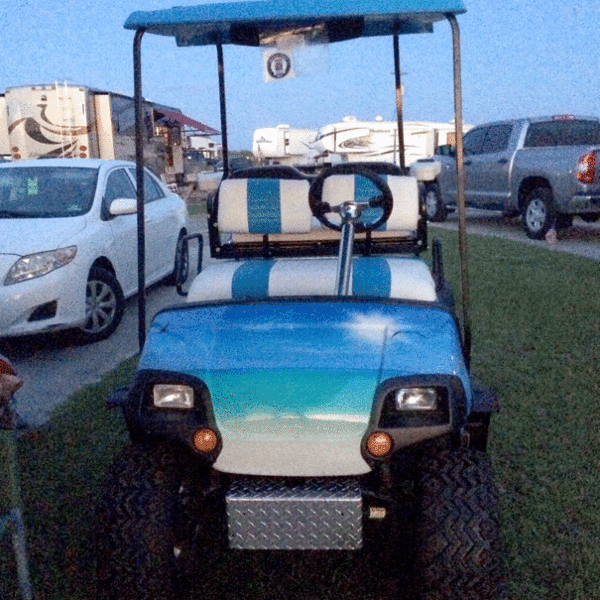 Tropical-Beach theme full body golf car wrap. NOTE: Roof was painted by customer.