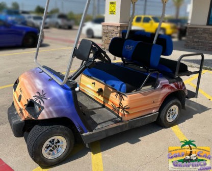 Beach-theme-full-body-golf-cart-wrap-Hawaii-Sun-Set-beach-wrap