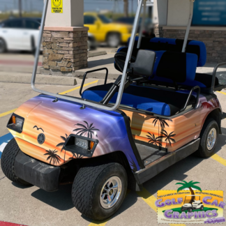 Full-body-golf-cart-wrap-Hawaii-Sunset-theme-golf-car-wrap-kit