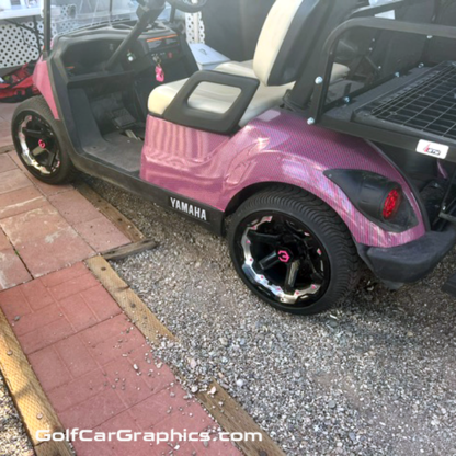 Yamaha-golf-cart-wrapped-in-pink-and-black-carbon-fiber