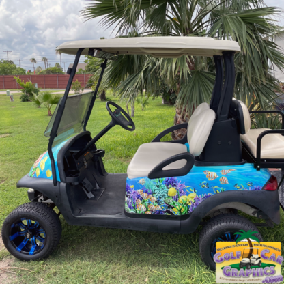 Full-body-golf-cart-wrap-tropical-fish-coral-turtles-and-more-golf-car-wrap-for-all-makes