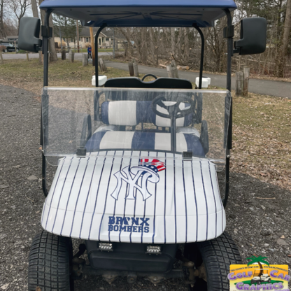 Golf-Cart-Wrap-Full-Body-Coverage-Blue-Pinstripes-with-Customer-added-decals-on-front-and-sides