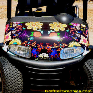 Full-body-golf-car-do-it-yourself-wrarp-kit-with-flowers,-lizards,-dragon-flys-and-more